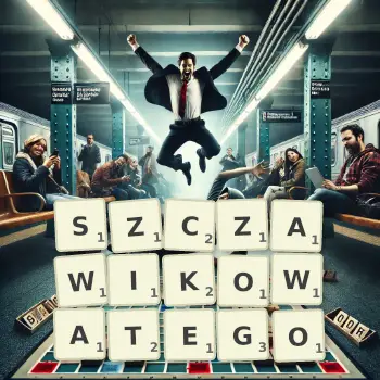 Kreatywna ilustracja do gry w Scrabble ze słowem SZCZAWIKOWATEGO ułożonym z płytek na planszy.