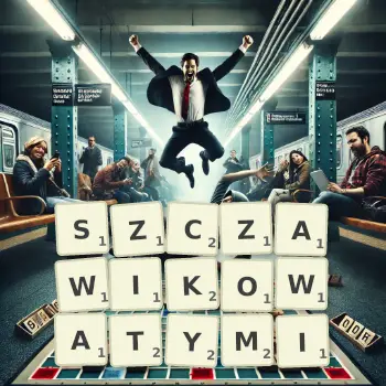 Kreatywna ilustracja do gry w Scrabble ze słowem SZCZAWIKOWATYMI ułożonym z płytek na planszy.