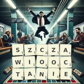 Kreatywna ilustracja do gry w Scrabble ze słowem SZCZAWIOOCTANIE ułożonym z płytek na planszy.