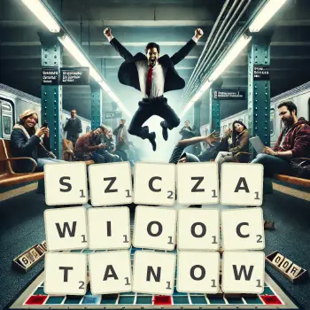 Kreatywna ilustracja do gry w Scrabble ze słowem SZCZAWIOOCTANOW ułożonym z płytek na planszy.