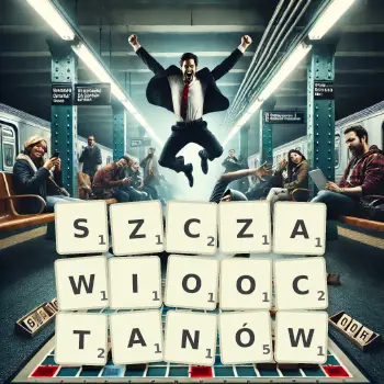 Kreatywna ilustracja do gry w Scrabble ze słowem SZCZAWIOOCTANÓW ułożonym z płytek na planszy.
