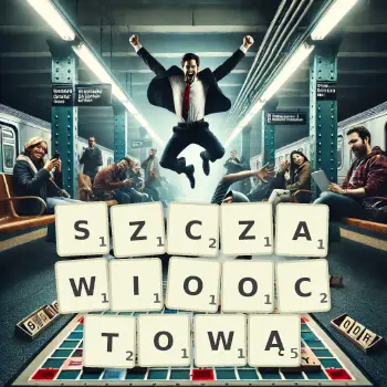 Kreatywna ilustracja do gry w Scrabble ze słowem SZCZAWIOOCTOWĄ ułożonym z płytek na planszy.