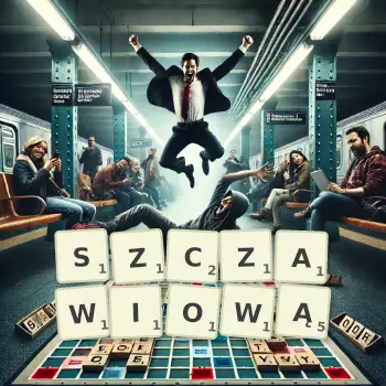 Kreatywna ilustracja do gry w Scrabble ze słowem SZCZAWIOWĄ ułożonym z płytek na planszy.