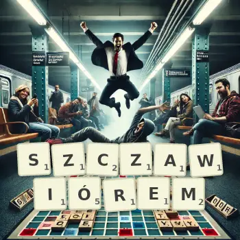 Kreatywna ilustracja do gry w Scrabble ze słowem SZCZAWIÓREM ułożonym z płytek na planszy.