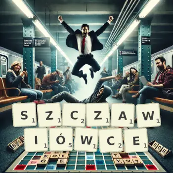 Kreatywna ilustracja do gry w Scrabble ze słowem SZCZAWIÓWCE ułożonym z płytek na planszy.