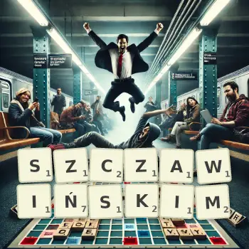 Kreatywna ilustracja do gry w Scrabble ze słowem SZCZAWIŃSKIM ułożonym z płytek na planszy.