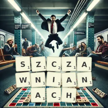 Kreatywna ilustracja do gry w Scrabble ze słowem SZCZAWNIANACH ułożonym z płytek na planszy.