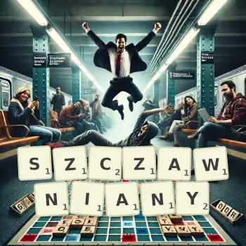 Kreatywna ilustracja do gry w Scrabble ze słowem SZCZAWNIANY ułożonym z płytek na planszy.