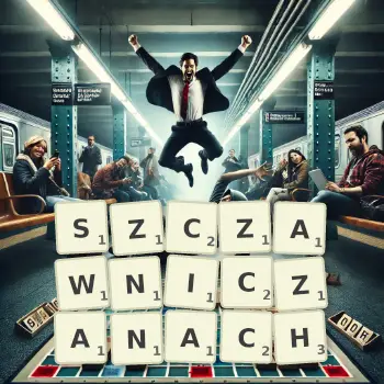 Kreatywna ilustracja do gry w Scrabble ze słowem SZCZAWNICZANACH ułożonym z płytek na planszy.