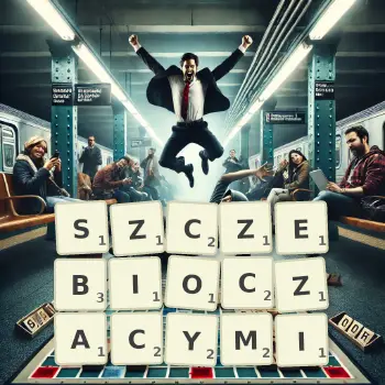 Kreatywna ilustracja do gry w Scrabble ze słowem SZCZEBIOCZACYMI ułożonym z płytek na planszy.