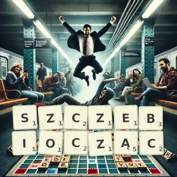 Kreatywna ilustracja do gry w Scrabble ze słowem SZCZEBIOCZĄC ułożonym z płytek na planszy.