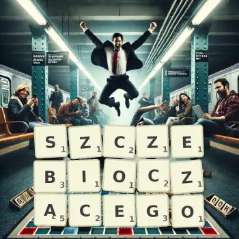 Kreatywna ilustracja do gry w Scrabble ze słowem SZCZEBIOCZĄCEGO ułożonym z płytek na planszy.