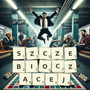 Kreatywna ilustracja do gry w Scrabble ze słowem SZCZEBIOCZĄCEJ ułożonym z płytek na planszy.