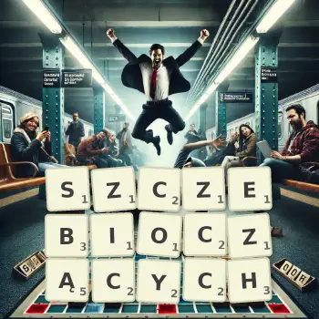 Kreatywna ilustracja do gry w Scrabble ze słowem SZCZEBIOCZĄCYCH ułożonym z płytek na planszy.
