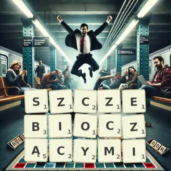 Kreatywna ilustracja do gry w Scrabble ze słowem SZCZEBIOCZĄCYMI ułożonym z płytek na planszy.