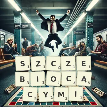 Kreatywna ilustracja do gry w Scrabble ze słowem SZCZEBIOCĄCYMI ułożonym z płytek na planszy.