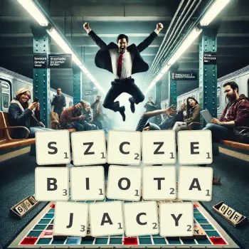 Kreatywna ilustracja do gry w Scrabble ze słowem SZCZEBIOTAJACY ułożonym z płytek na planszy.
