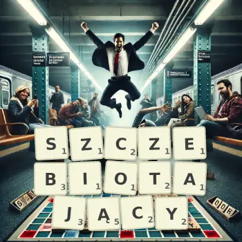 Kreatywna ilustracja do gry w Scrabble ze słowem SZCZEBIOTAJĄCY ułożonym z płytek na planszy.