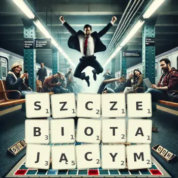 Kreatywna ilustracja do gry w Scrabble ze słowem SZCZEBIOTAJĄCYM ułożonym z płytek na planszy.