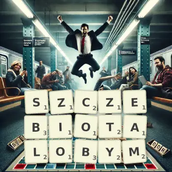 Kreatywna ilustracja do gry w Scrabble ze słowem SZCZEBIOTALOBYM ułożonym z płytek na planszy.