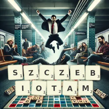Kreatywna ilustracja do gry w Scrabble ze słowem SZCZEBIOTAM ułożonym z płytek na planszy.