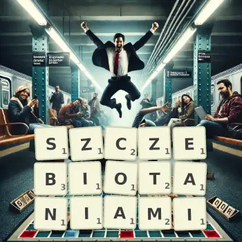 Kreatywna ilustracja do gry w Scrabble ze słowem SZCZEBIOTANIAMI ułożonym z płytek na planszy.