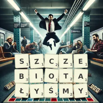Kreatywna ilustracja do gry w Scrabble ze słowem SZCZEBIOTAŁYŚMY ułożonym z płytek na planszy.