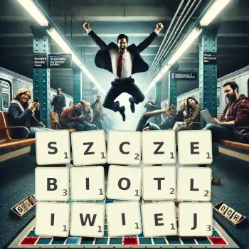 Kreatywna ilustracja do gry w Scrabble ze słowem SZCZEBIOTLIWIEJ ułożonym z płytek na planszy.
