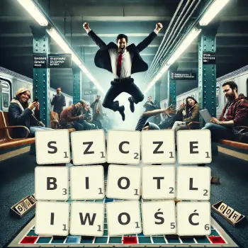 Kreatywna ilustracja do gry w Scrabble ze słowem SZCZEBIOTLIWOŚĆ ułożonym z płytek na planszy.