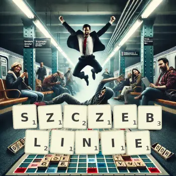 Kreatywna ilustracja do gry w Scrabble ze słowem SZCZEBLINIE ułożonym z płytek na planszy.