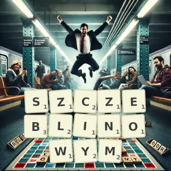 Kreatywna ilustracja do gry w Scrabble ze słowem SZCZEBLINOWYM ułożonym z płytek na planszy.
