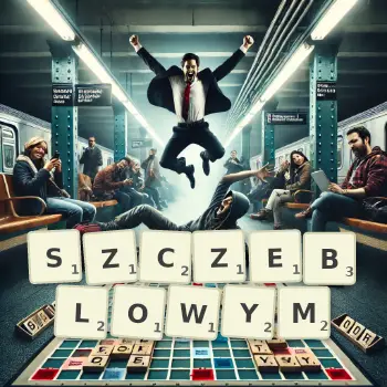 Kreatywna ilustracja do gry w Scrabble ze słowem SZCZEBLOWYM ułożonym z płytek na planszy.