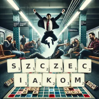 Kreatywna ilustracja do gry w Scrabble ze słowem SZCZECIAKOM ułożonym z płytek na planszy.