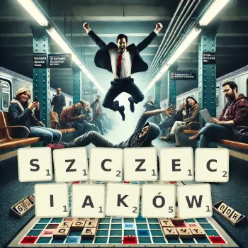Kreatywna ilustracja do gry w Scrabble ze słowem SZCZECIAKÓW ułożonym z płytek na planszy.
