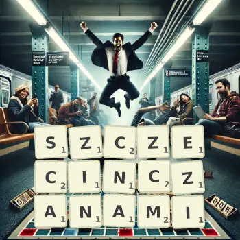 Kreatywna ilustracja do gry w Scrabble ze słowem SZCZECINCZANAMI ułożonym z płytek na planszy.