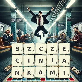 Kreatywna ilustracja do gry w Scrabble ze słowem SZCZECINIANKAMI ułożonym z płytek na planszy.