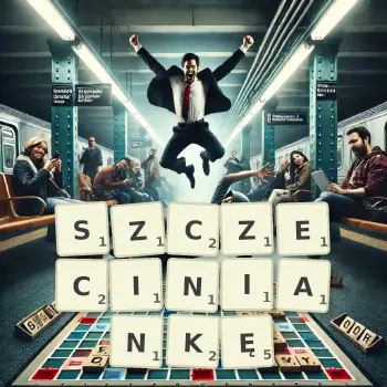 Kreatywna ilustracja do gry w Scrabble ze słowem SZCZECINIANKĘ ułożonym z płytek na planszy.