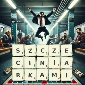 Kreatywna ilustracja do gry w Scrabble ze słowem SZCZECINIARKAMI ułożonym z płytek na planszy.