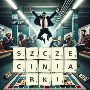 Kreatywna ilustracja do gry w Scrabble ze słowem SZCZECINIARKI ułożonym z płytek na planszy.