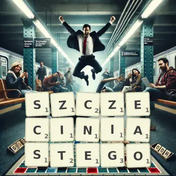 Kreatywna ilustracja do gry w Scrabble ze słowem SZCZECINIASTEGO ułożonym z płytek na planszy.