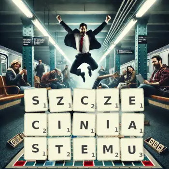 Kreatywna ilustracja do gry w Scrabble ze słowem SZCZECINIASTEMU ułożonym z płytek na planszy.