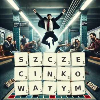 Kreatywna ilustracja do gry w Scrabble ze słowem SZCZECINKOWATYM ułożonym z płytek na planszy.