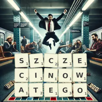 Kreatywna ilustracja do gry w Scrabble ze słowem SZCZECINOWATEGO ułożonym z płytek na planszy.
