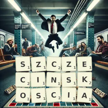 Kreatywna ilustracja do gry w Scrabble ze słowem SZCZECINSKOSCIA ułożonym z płytek na planszy.