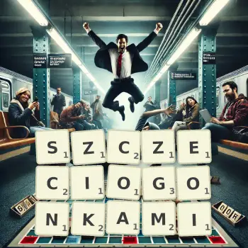 Kreatywna ilustracja do gry w Scrabble ze słowem SZCZECIOGONKAMI ułożonym z płytek na planszy.
