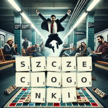 Kreatywna ilustracja do gry w Scrabble ze słowem SZCZECIOGONKI ułożonym z płytek na planszy.
