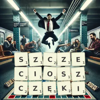 Kreatywna ilustracja do gry w Scrabble ze słowem SZCZECIOSZCZĘKI ułożonym z płytek na planszy.