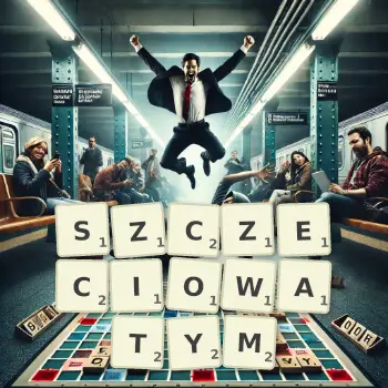 Kreatywna ilustracja do gry w Scrabble ze słowem SZCZECIOWATYM ułożonym z płytek na planszy.