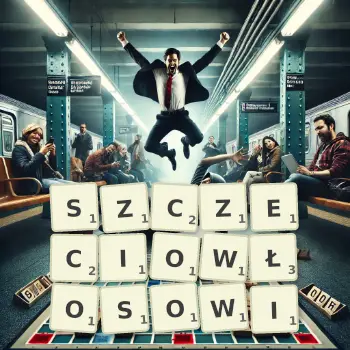 Kreatywna ilustracja do gry w Scrabble ze słowem SZCZECIOWŁOSOWI ułożonym z płytek na planszy.