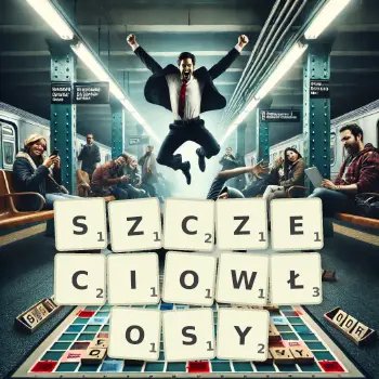 Kreatywna ilustracja do gry w Scrabble ze słowem SZCZECIOWŁOSY ułożonym z płytek na planszy.